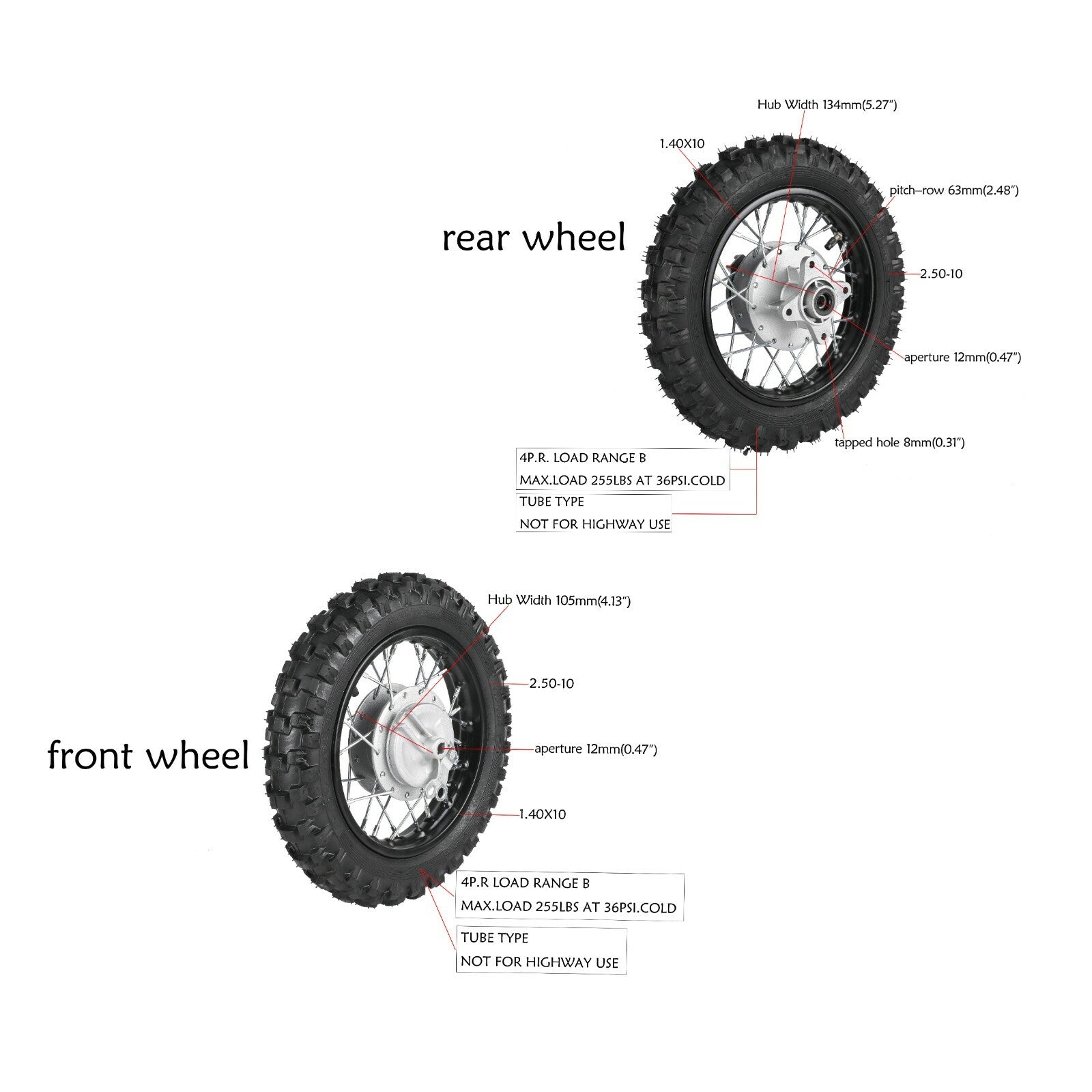 10-inch front and rear rims and tires for 50cc, 70cc, and 110cc mountain bikes: CRF DRZ70, PW50, TTR50