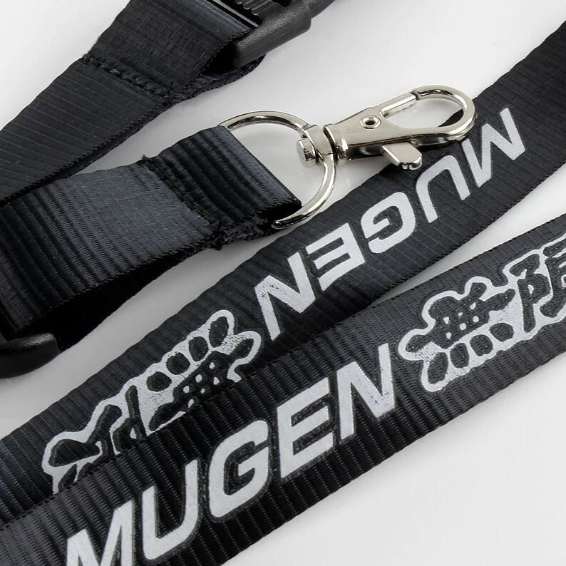 Car keychain, key ring, badge, lanyard, neck strap, black, for Mugen, for Acura and for Subaru .