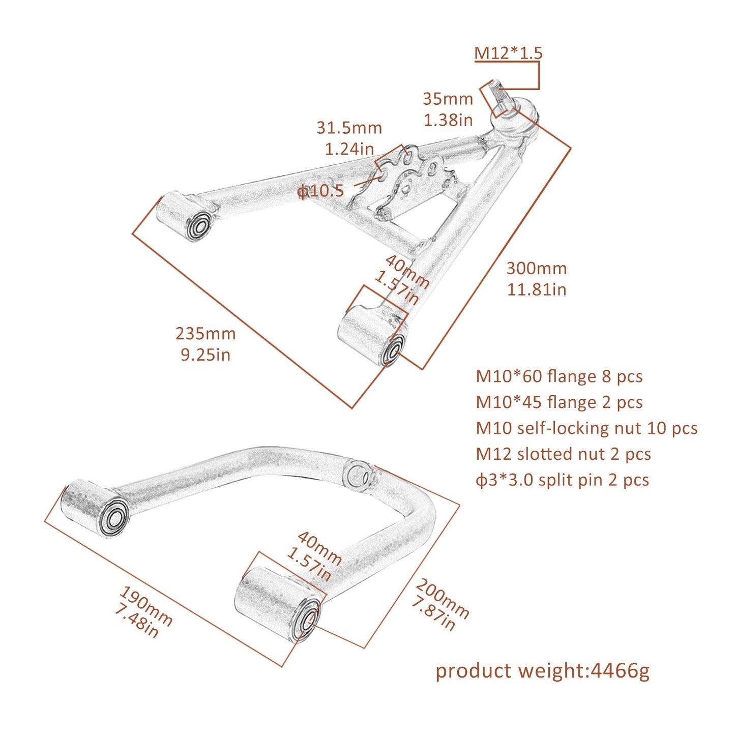 Front suspension upper/lower control arm kit, 3-lumen main shaft, wheels, go-kart, all-terrain vehicle