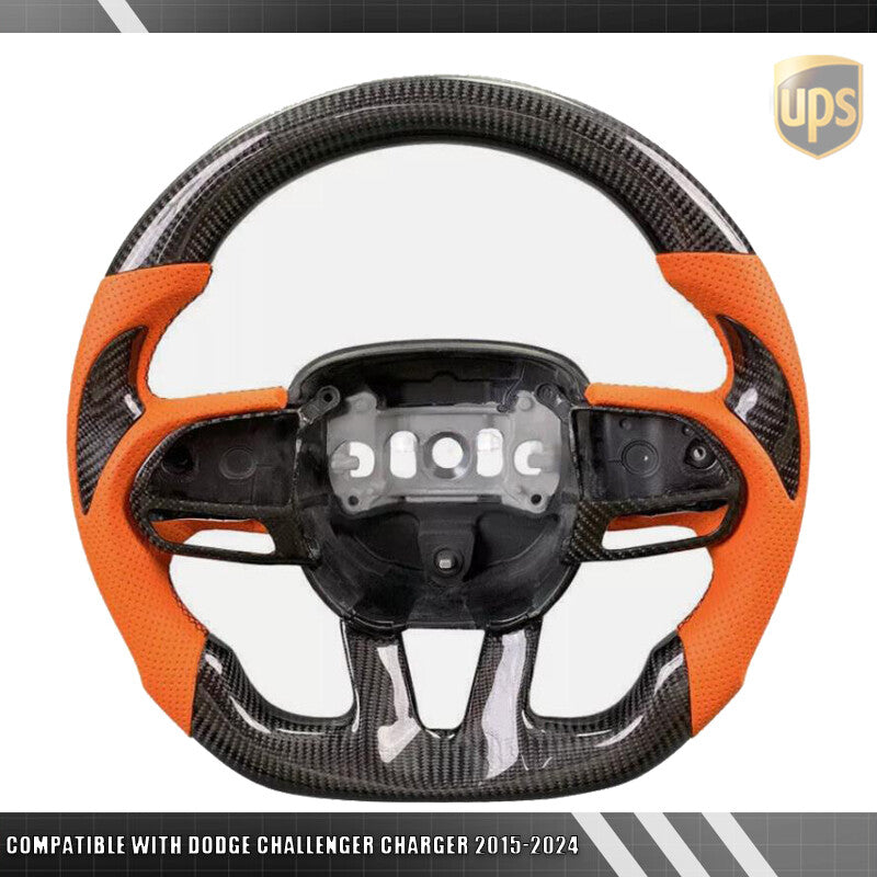 Orange Leatherl Carbon Fiber Steering Wheel for Dodge for Challenger Charger 15-2024