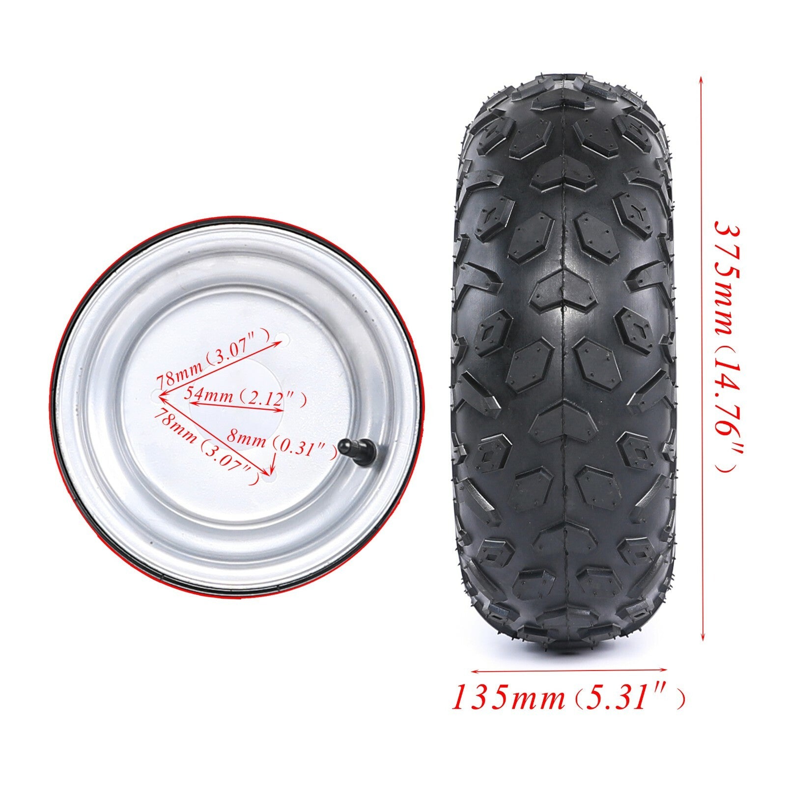 A pair of 145/70-6 tires, rims, and axle hubs suitable for 70, 90, and 110cc Taodao four-wheel all-terrain go-karts.