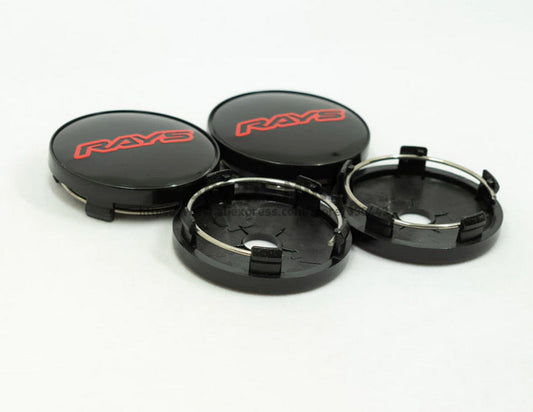 4-piece set of 60mm light badge wheel center caps, hub caps, and rim caps in black and red.