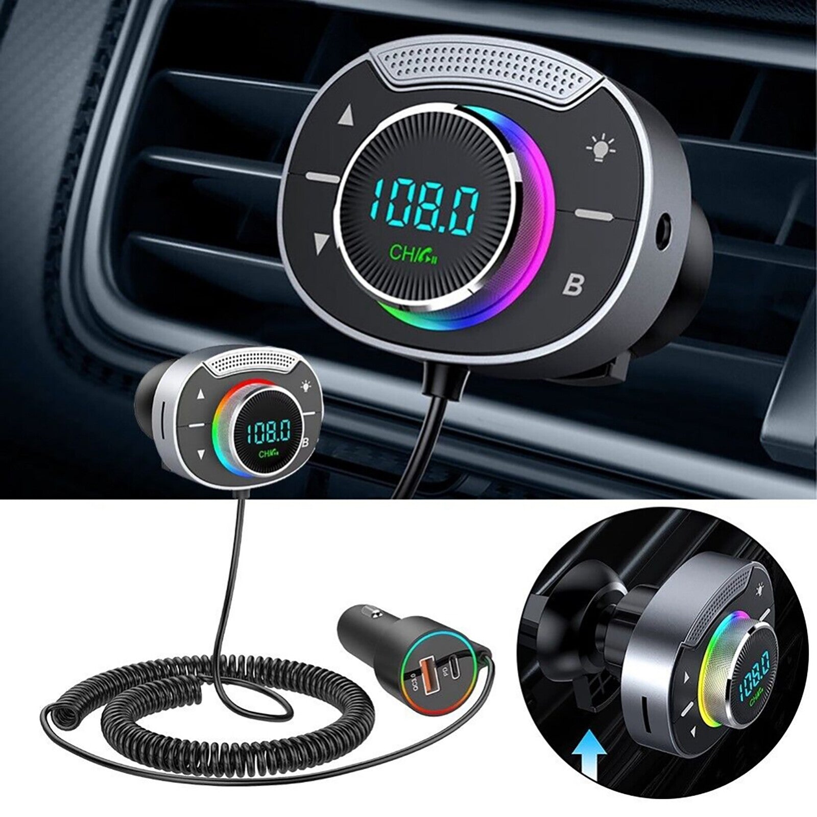 Car Charger Adapter PD QC3.0 FM Transmitter MP3 Player Wireless AUX Fast Charge