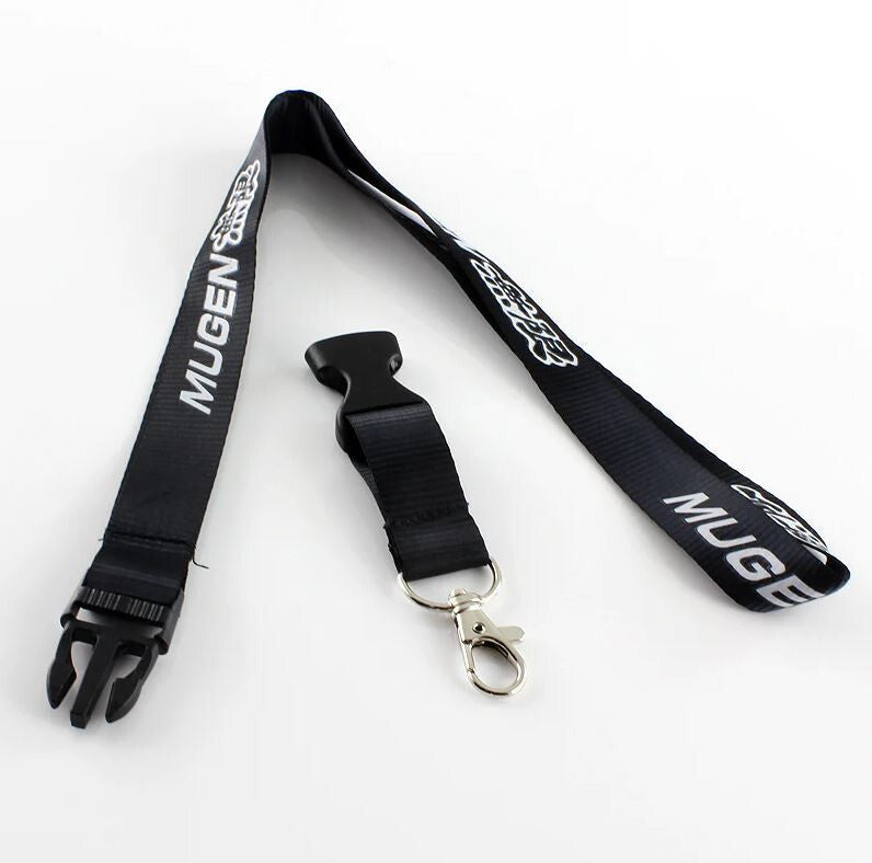 Car keychain, key ring, badge, lanyard, neck strap, black, for Mugen, for Acura and for Subaru .