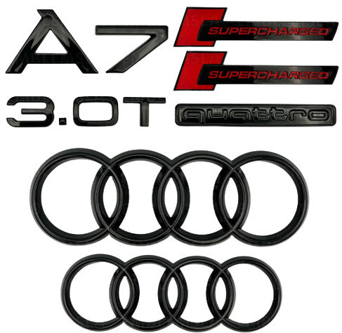 for Audi A7 badge ring, Supercharged 3.0T Quattro Hood, rear boot badge, gloss black.