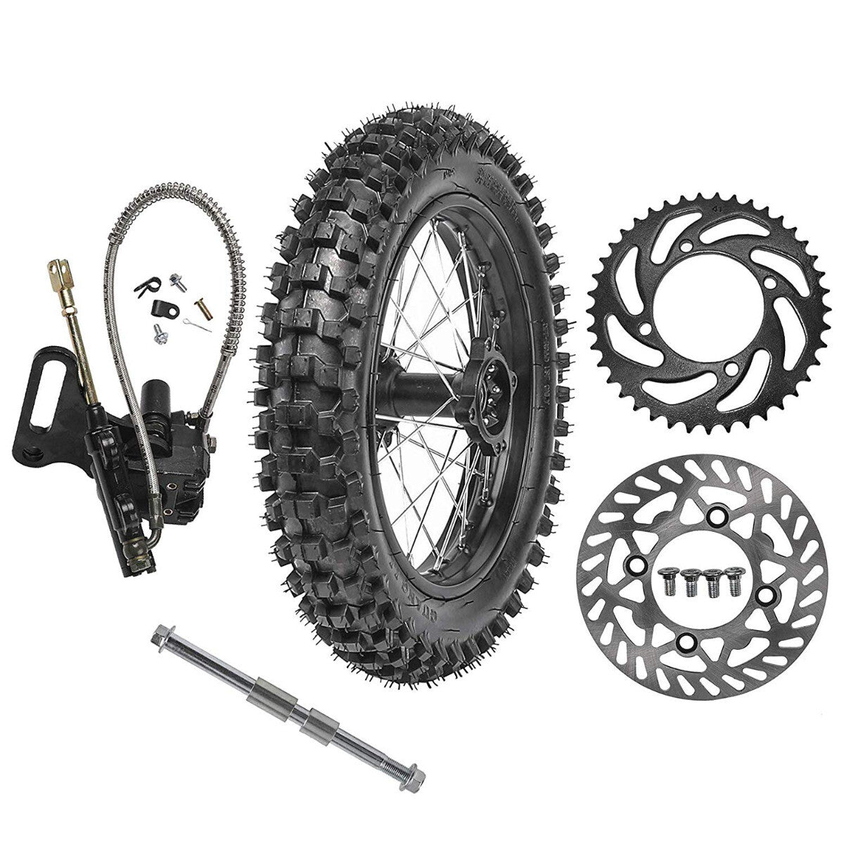 14-inch rear wheel, 90/100-14 tire, rim, rotor, sprocket, pitted bicycle, Taodao SSR, 125cc/140cc.