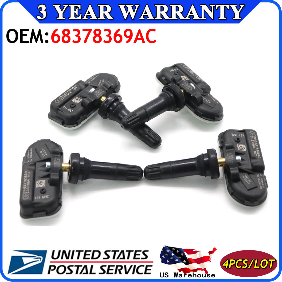 68378369AC Tire Pressure Sensor 4-Piece TPMS for Jeep Door for RAM 2500 14-19 434MHz