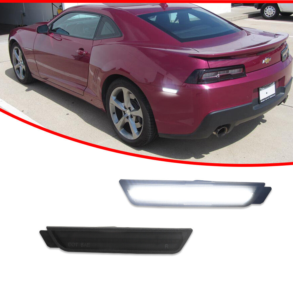 Black lens with white LED rear bumper side marker lights for 2010-2015 for Chevrolet Camaro.