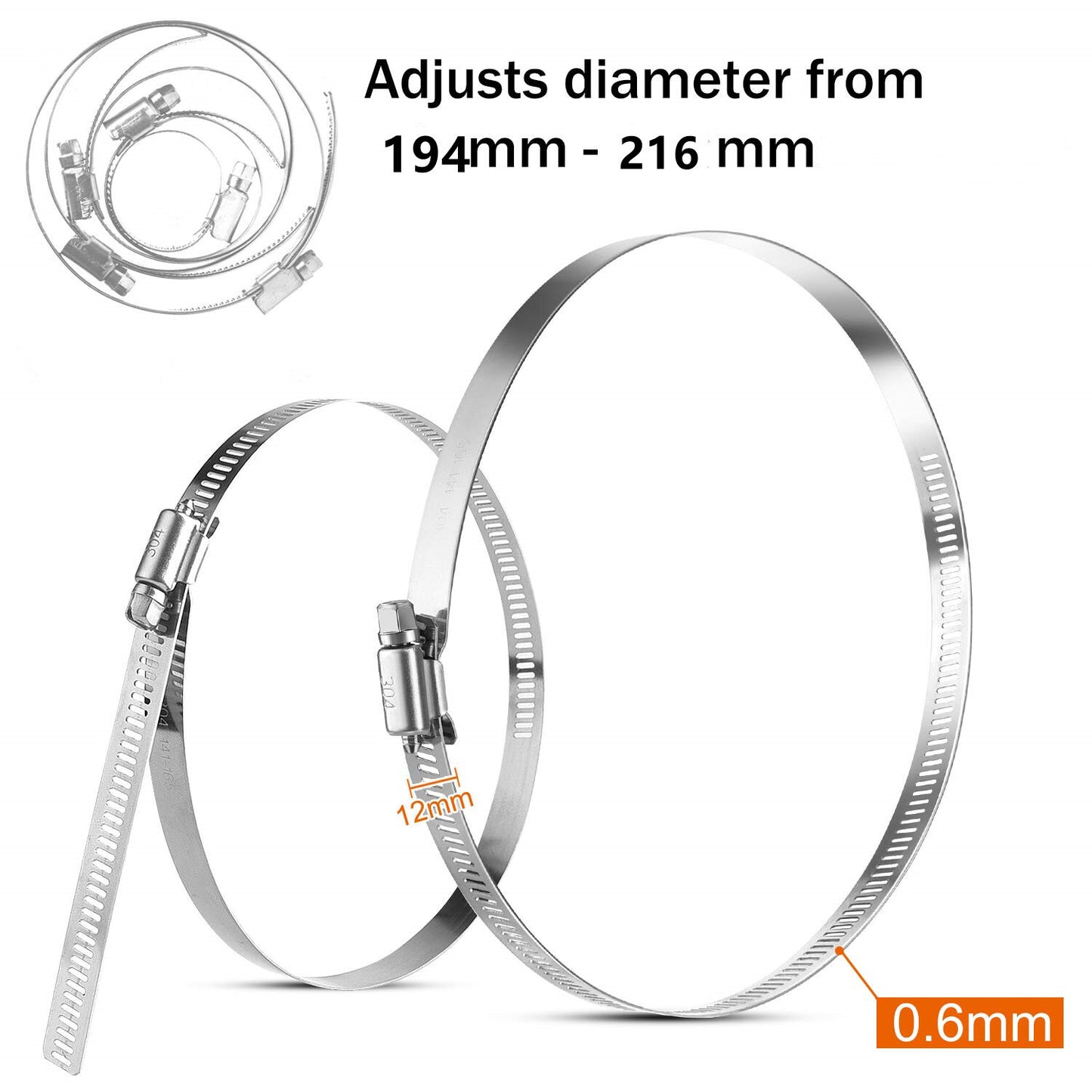 6-Piece Adjustable Hose Clamp Worm Gear Stainless Steel Clamp 8-inch