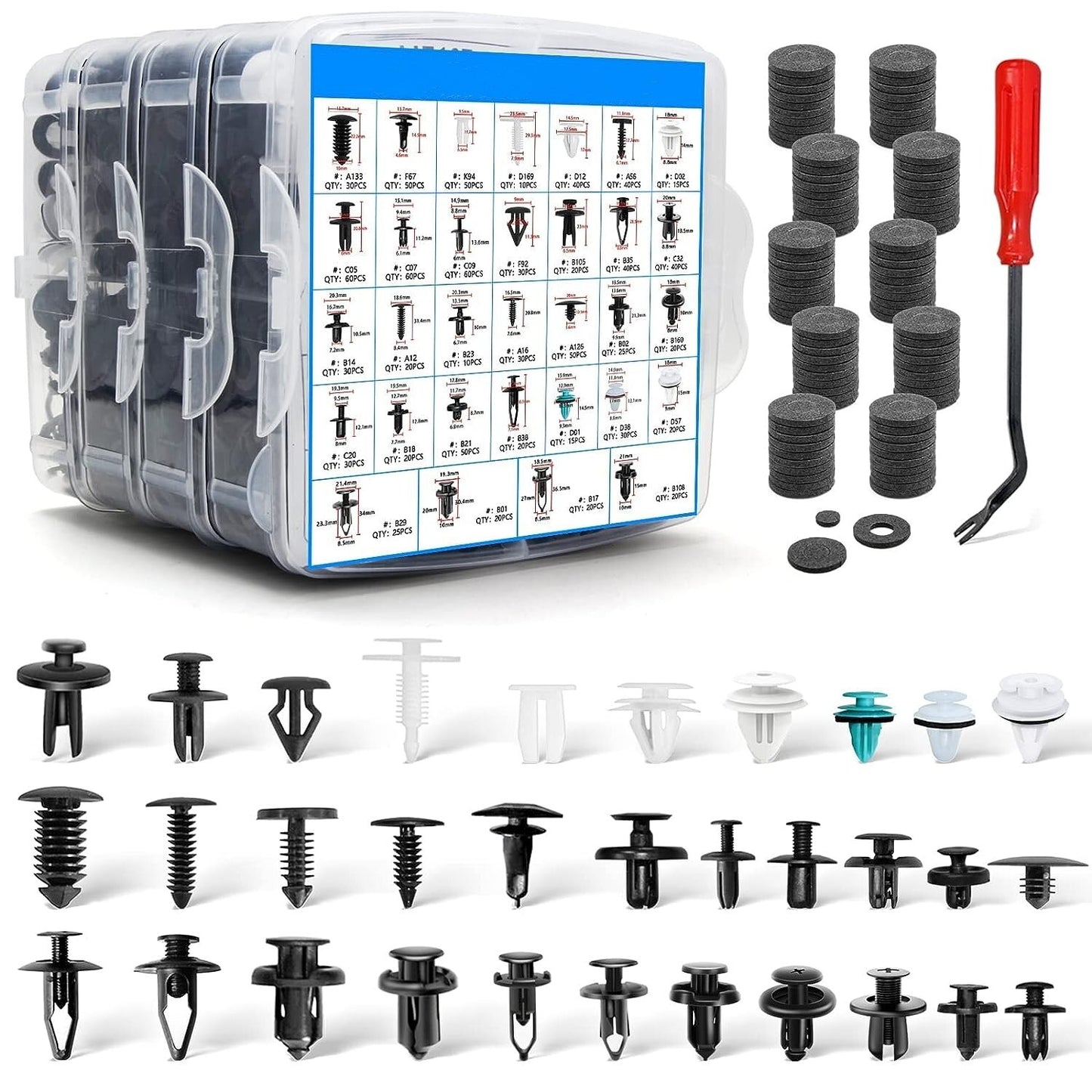 1000-piece pack of auto fasteners, push-to-fit plastic clips, rivets, bumper kit