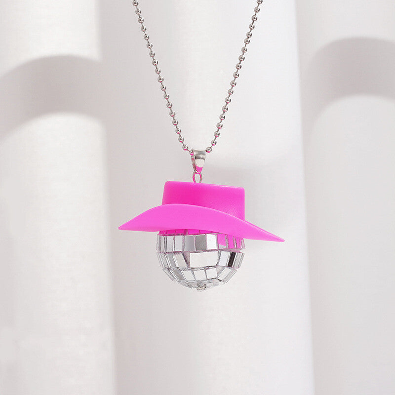 Cowboy Hat Disco Ball Car Ornamen Shiny Rear View Mirror Hanging Acessory Pink