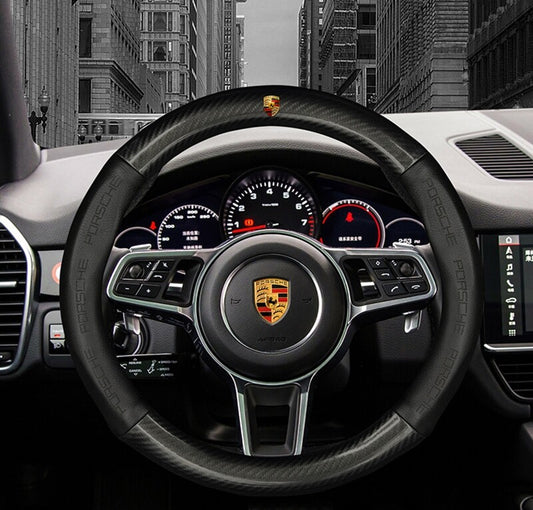 Black 15-inch leather steering wheel cover for Porsche