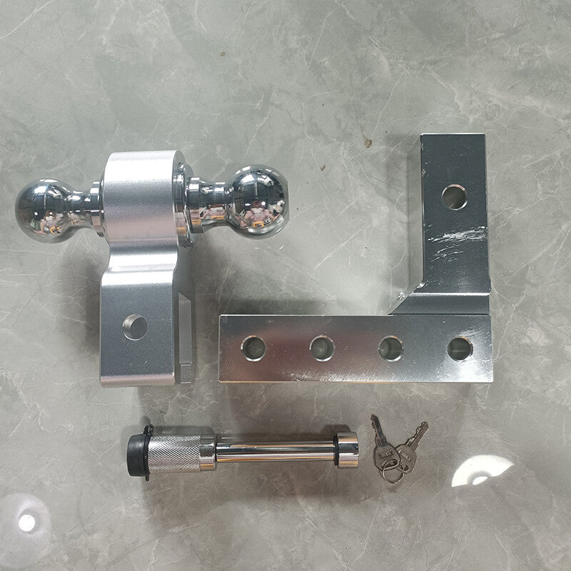 Silver adjustable trailer hook, double ball mount, fits 2-inch receiver, 6-inch drop hook.