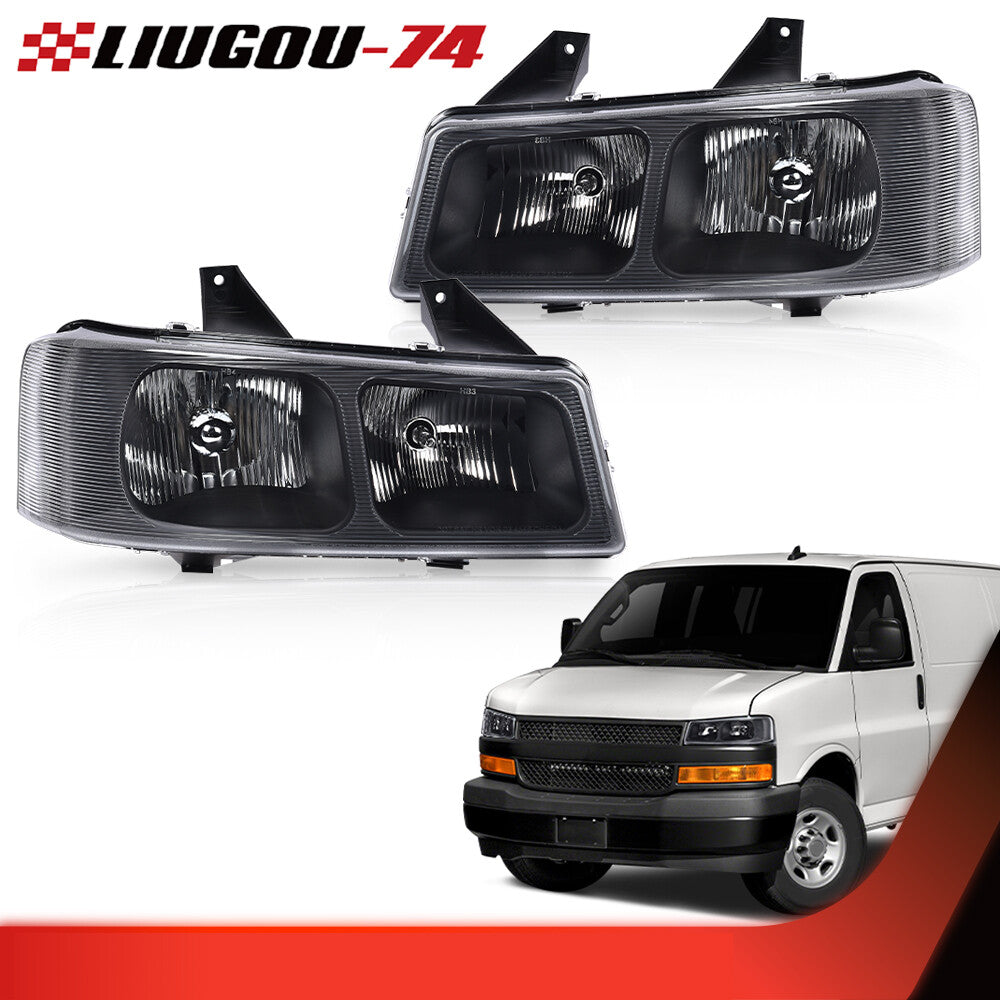 Pair of headlights with clear lenses for 2003-2019 for Chevrolet Express for GMC Savana Vans.