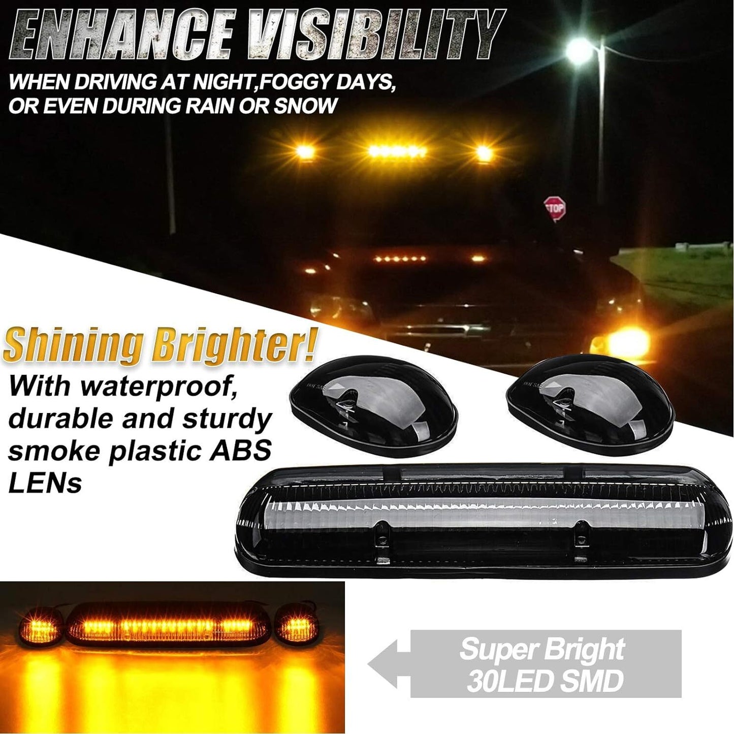 3pcs Smoked Amber For 2002-2007 for Chevy Silverado LED Cab Roof Top Marker Lights