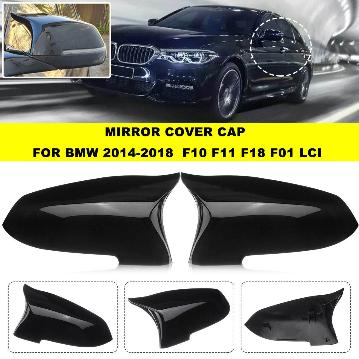 2x Rear Wing Mirror Cover Cap for BMW 5 Series F10 F11 F18 LCI 14-18 Gloss Black