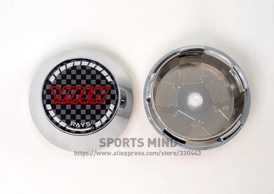 4-piece set of 65mm Volk racing badge wheel center caps, hub caps, and rim caps in chrome and carbon finish.