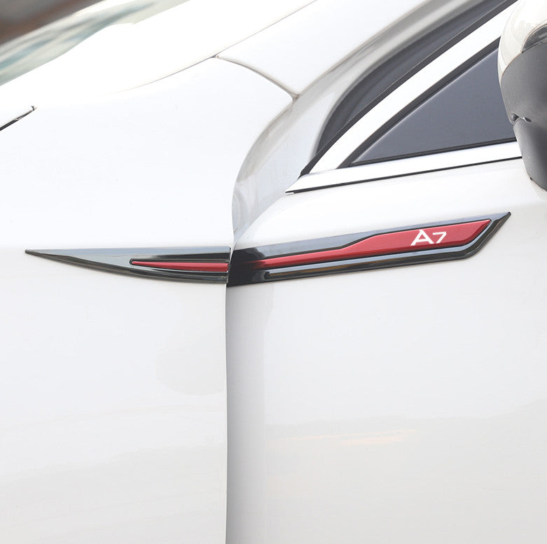 Metal stickers, badges, and decals for Audi A7 side fenders, red, 2-piece set.