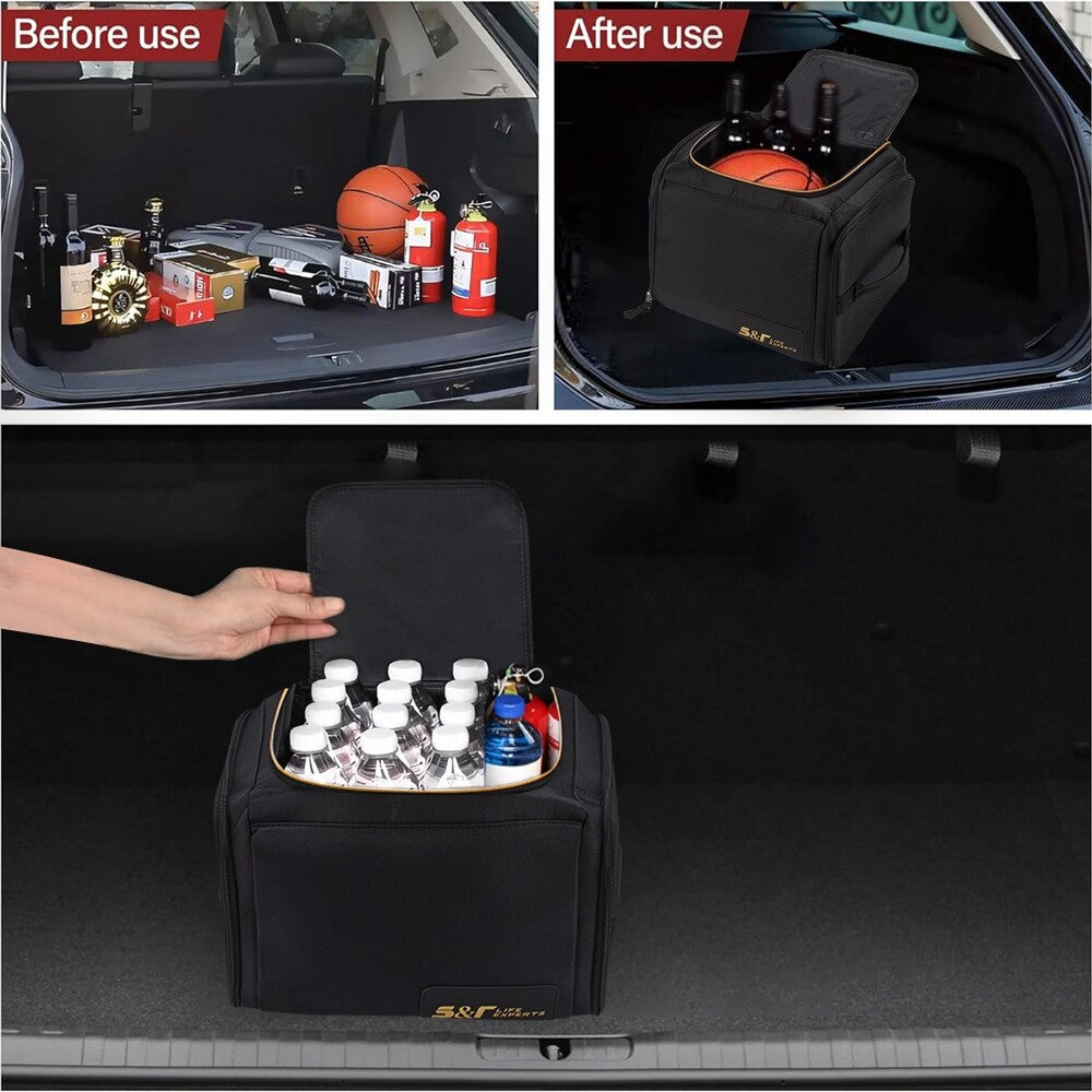 Car Trunk Organizer with Lid  Sturdy Handle Cargo Storage Compartment Bag Black