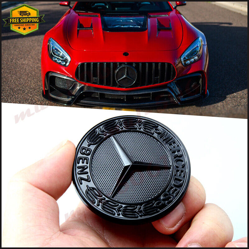AMG front grille badge, gloss black, flat laurel wreath badge, for Mercedes-Benz 57 mm C