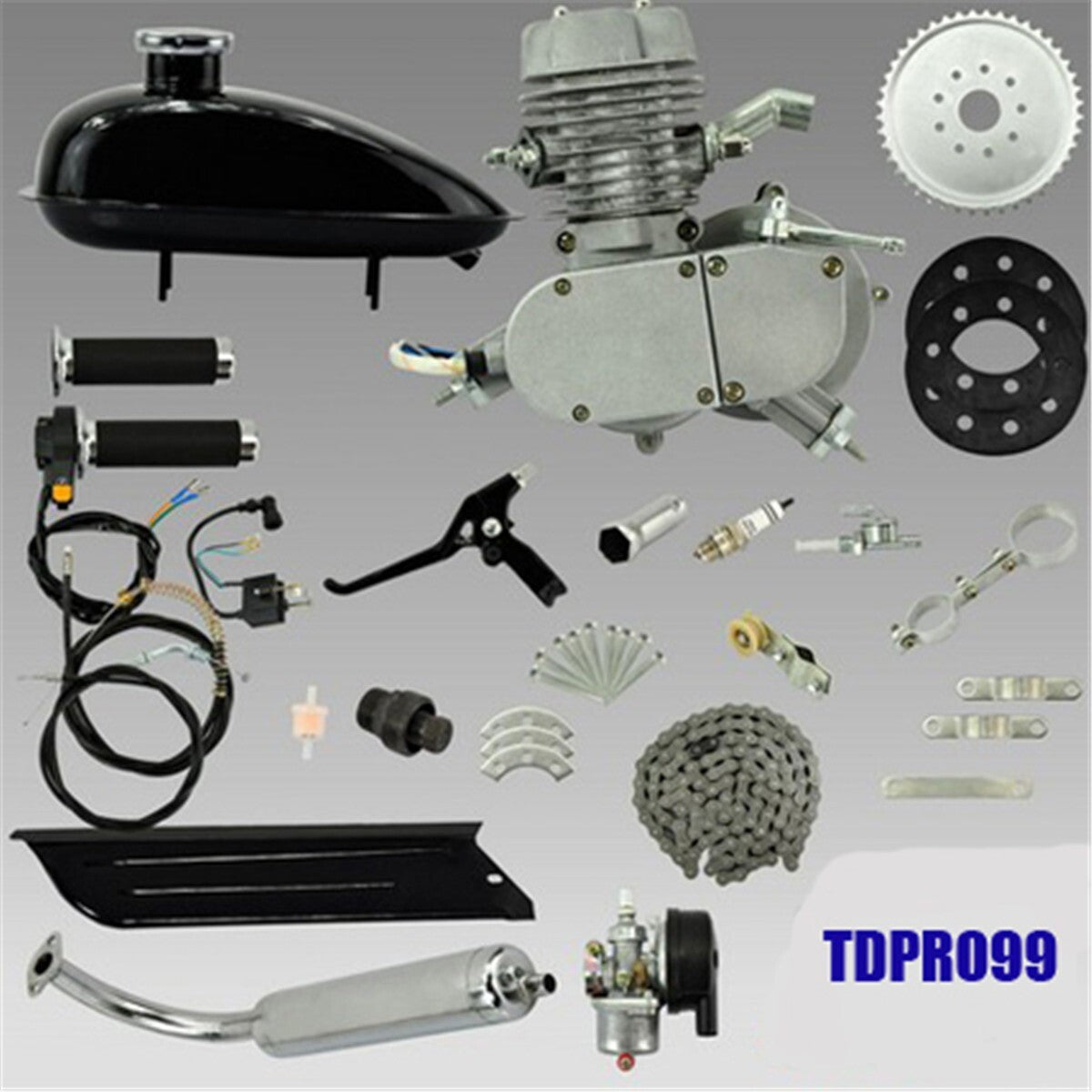 50cc 2-stroke gasoline engine motor kit for bicycles, electric bicycles, and chrome-plated bicycles.