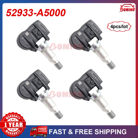 4-pack of new tire pressure sensors (TPMS) for Hyundai Cadenza 52933-A5000 models with modern accents.
