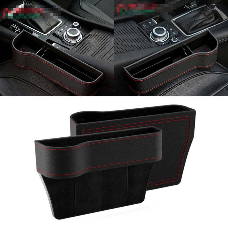 2-Piece Car for Seat Gap Storage Box, Cup Holder Organizer, PU L+R, Black Leather with Red Stitching