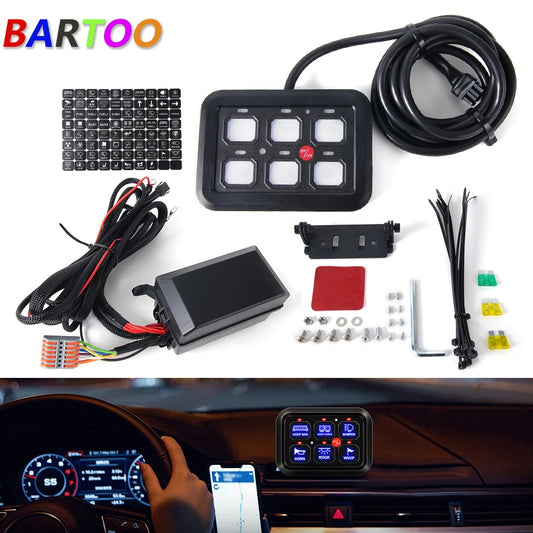 6 Gang 12V On/Off Switch Panel Toggle 7 Color LED Light Circuit Relay System Kit