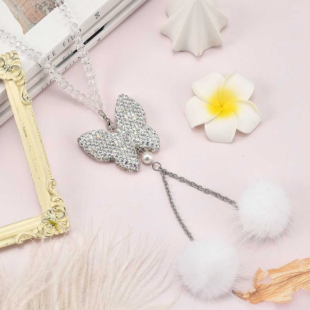Bling Butterfly Car Hanging Decor Shiny Diamond Car Rear View Mirror Charm White