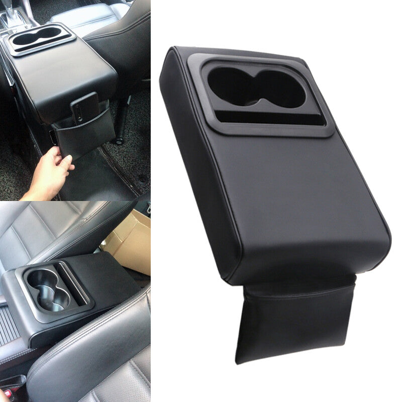 Black car armrest with elbow support, backrest cushion, cup holder, and storage ( )