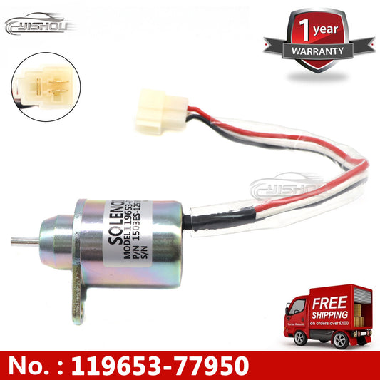 Fuel shut-off solenoid valve suitable for 3TNE84, 3TNE88, 4TNE84, 3TNV70, 3TNV76, and 4TNV84. (Please call 119653-77950-)