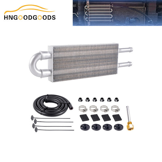 Universal 5/16 inch Transmission Oil Cooler Kit with 2 Rows/2 Pass-Through Pipes and Fins in Silver