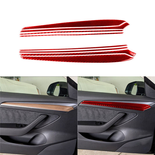 8x Red Carbon Fiber Interior Door Panel Cover Trim for Tesla Model 3/Y 2017-2022