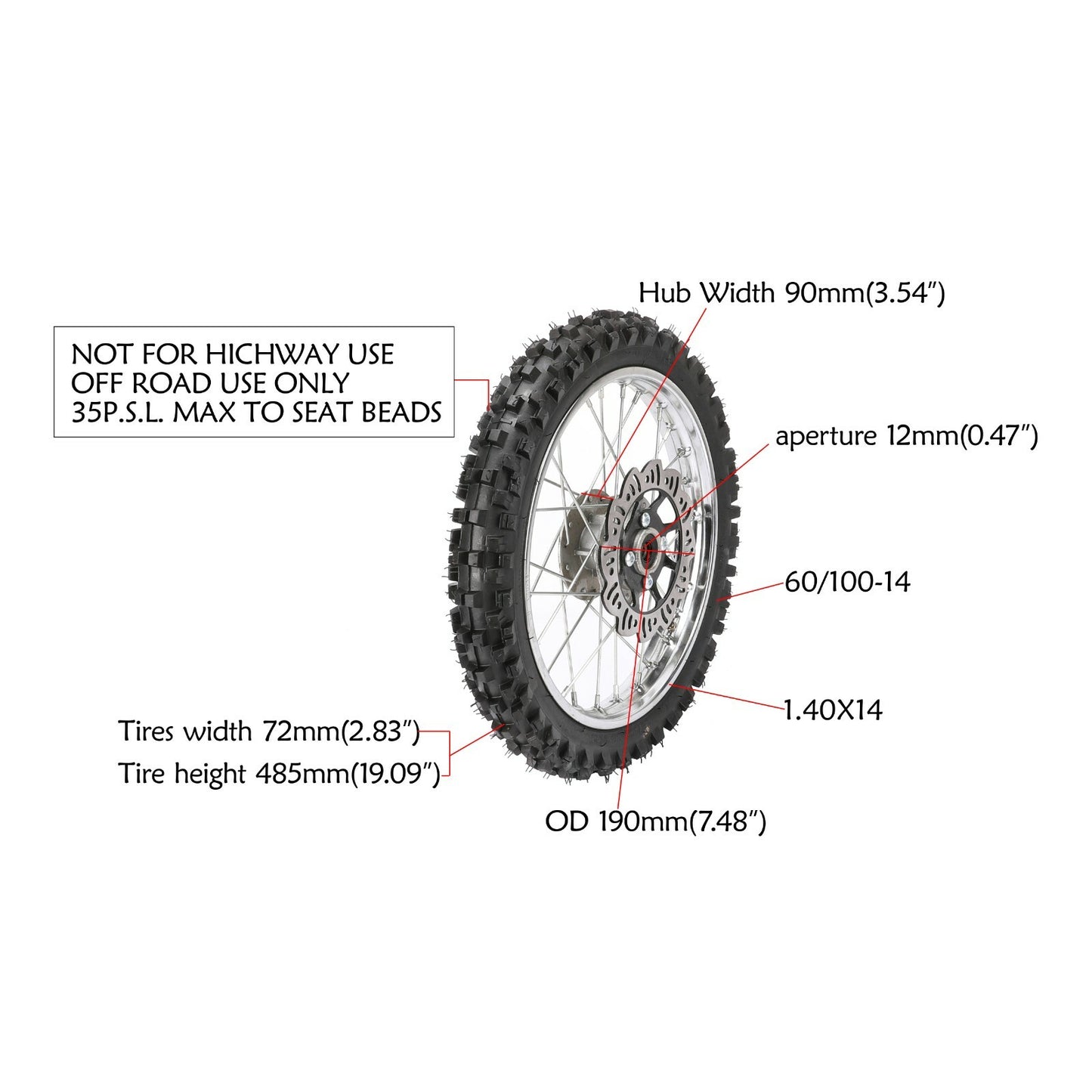 14-inch front wheel, 60/100-14 tire, rim assembly, suitable for 140cc, 110cc, 125cc, and 70cc pit bikes.