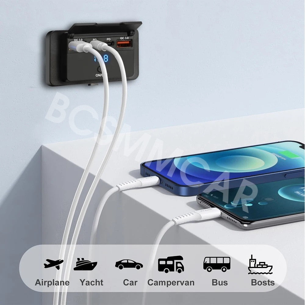 Car for Charger Socket Power Switch Multi Port Type C USB W/Dust Cover Waterproof