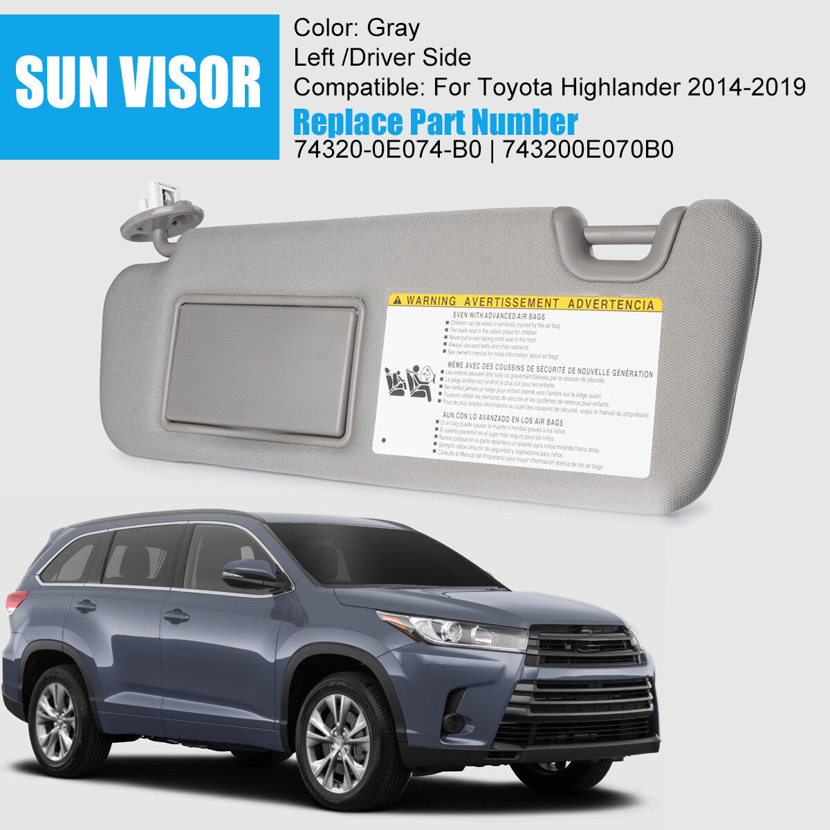 74320-0E074-B0 Left Driver Gray Sunvisor W/Light for Toyota Highlander 2014-2019