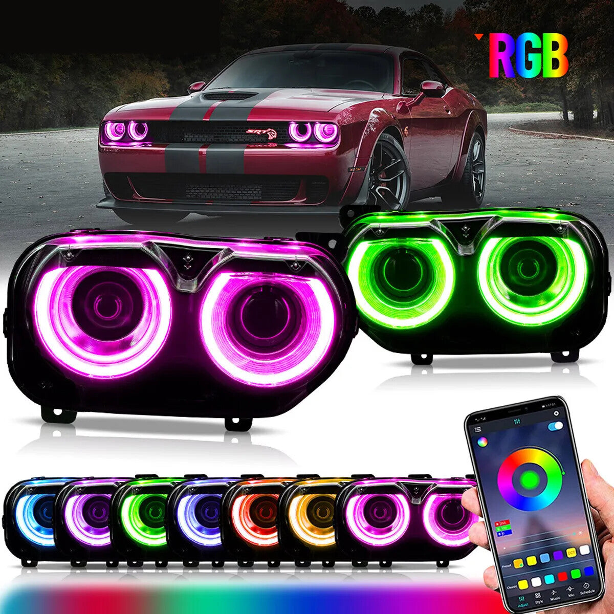 1 Pair Headlights RGB DRL Set for 2015-2023 for Dodge for Challenger Front Lamps