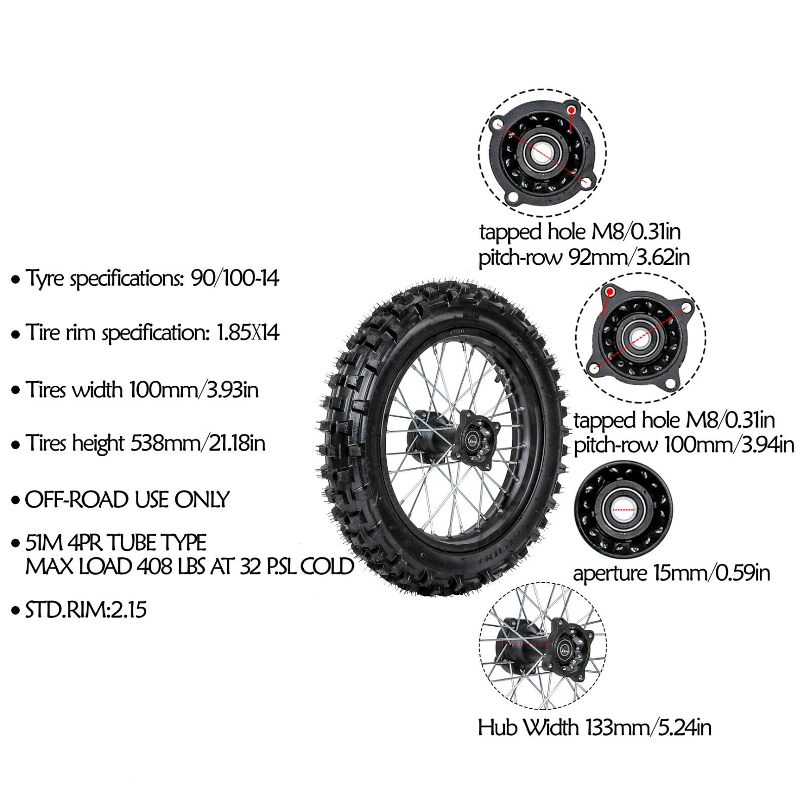 14 Rear Wheel Rim 90/100-14 Tyre Atomik 125cc 140cc 150cc CRF70 YZ85 Dirt Bike