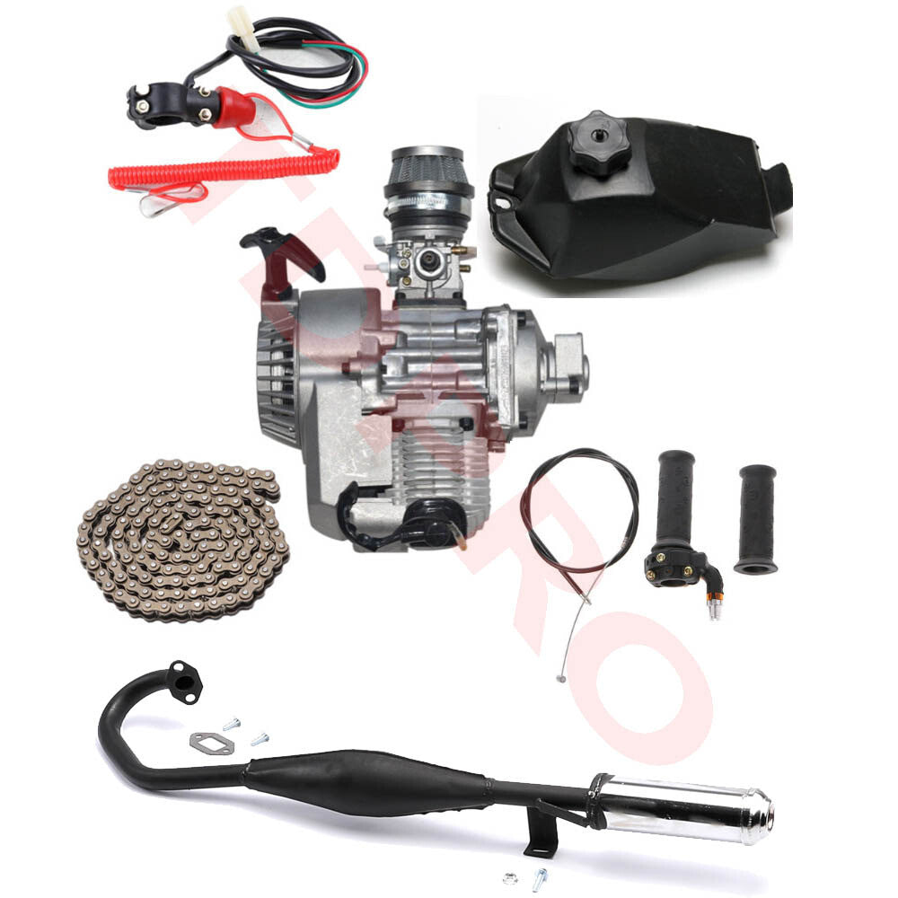 2-stroke 49cc engine motor kit exhaust suitable for all-terrain vehicles, scooters, pocket bikes, and four-wheelers.