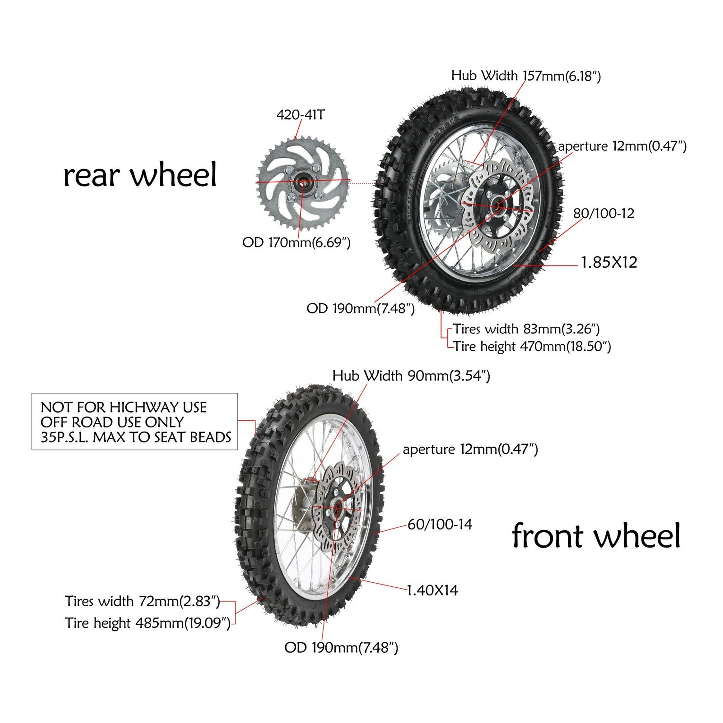 14-inch and 12-inch wheels, 60/100-14 and 80/100-12 tires, rims, Taotao 110cc and 125cc Dirt Pit bicycles