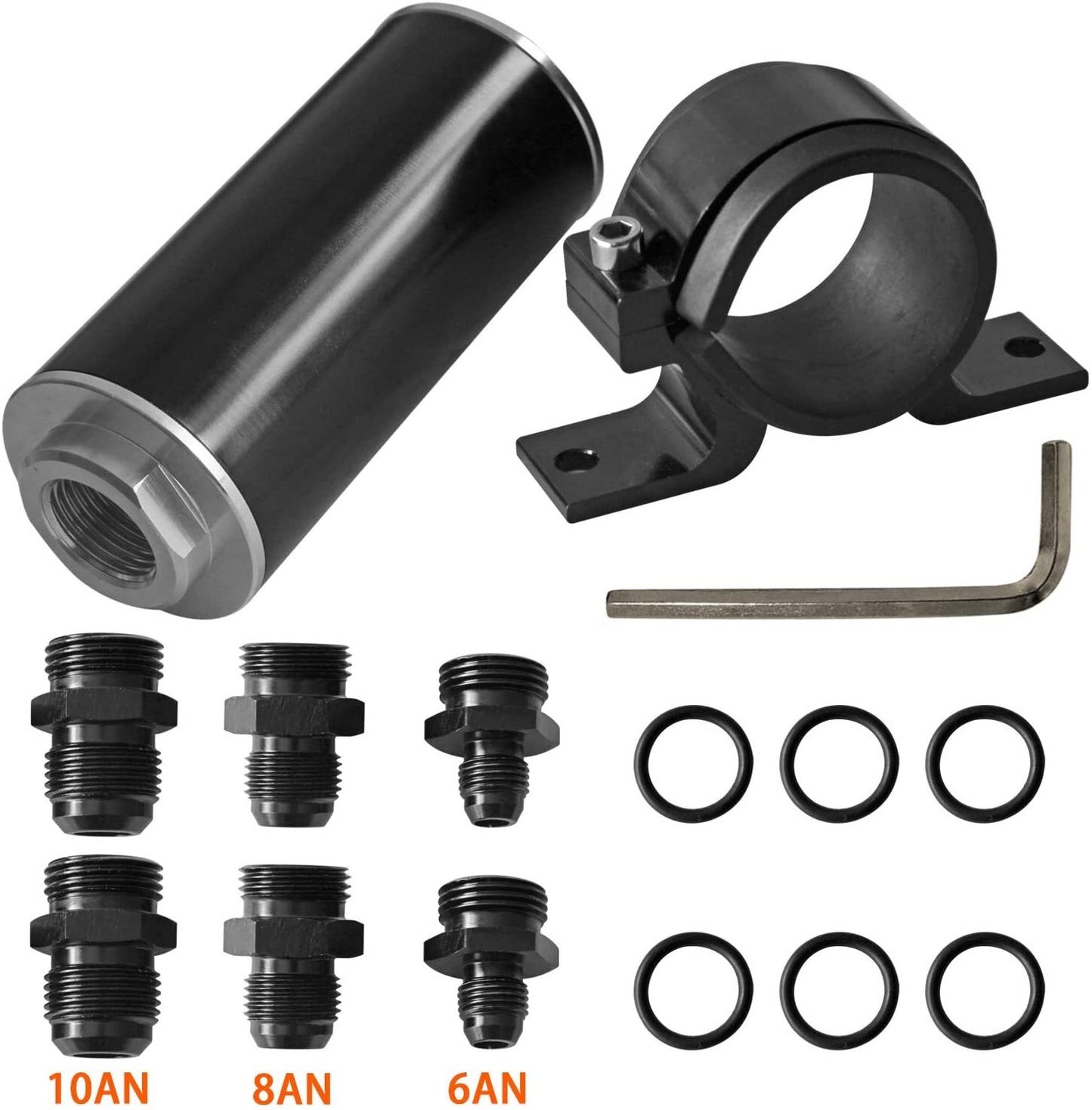 Inline 100-micron fuel filter 6AN 8AN 10AN adapter cleanable + installable Bracket
