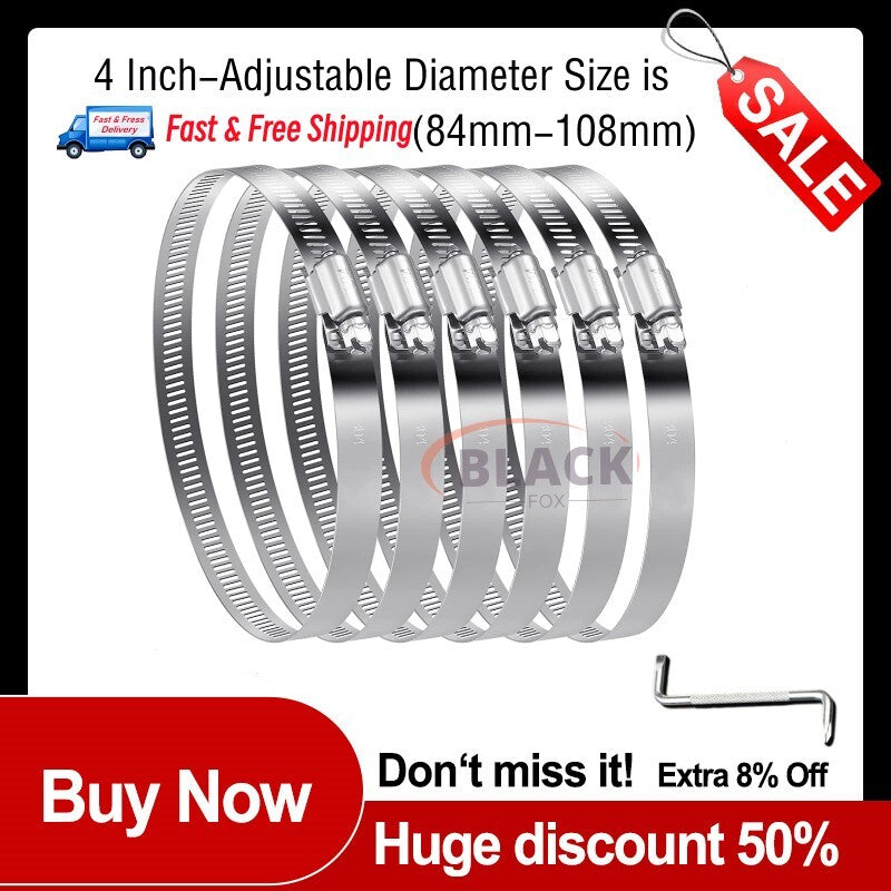 6-piece hose clamp set, adjustable 84-108 mm hose clamps and screw clamps.