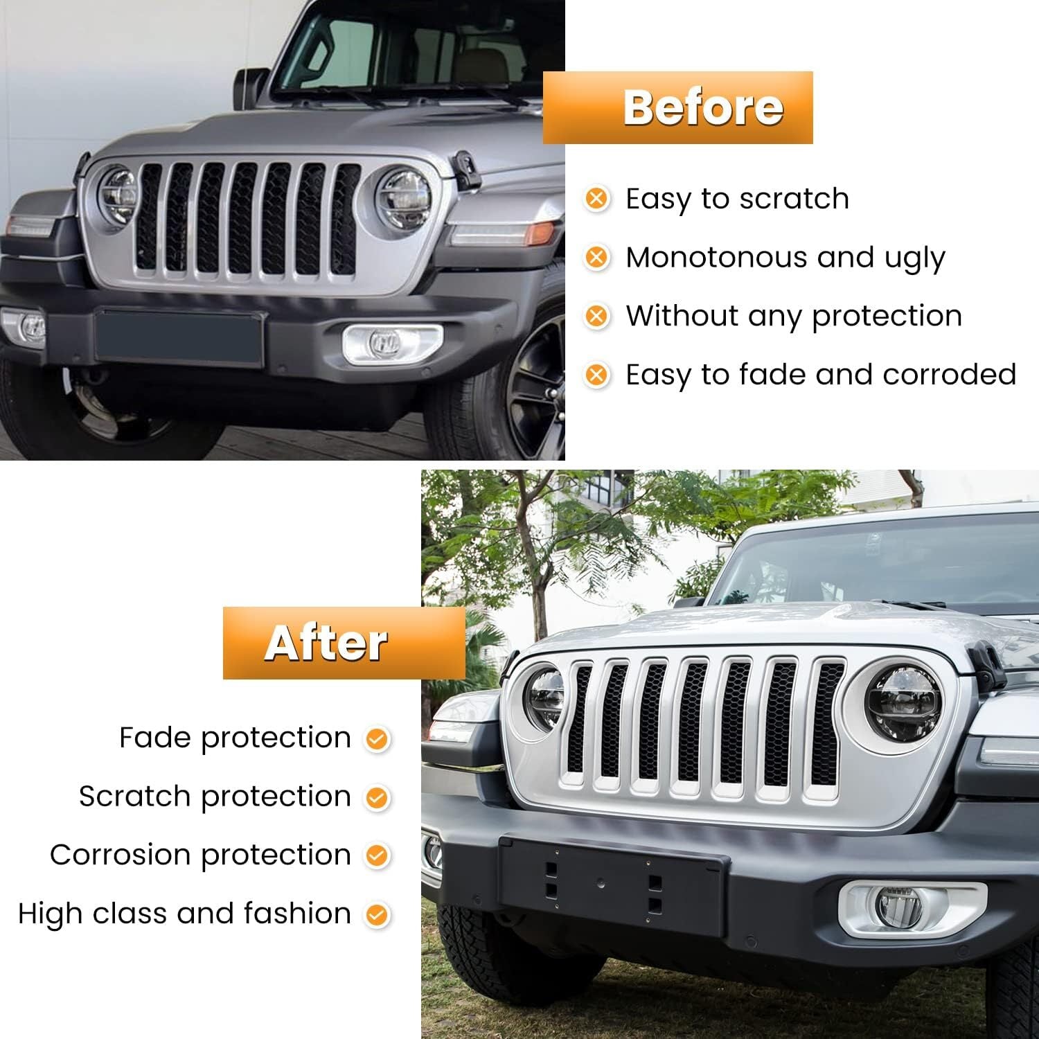 White front grille inserts and headlight trim covers are available on the for Jeep for Wrangler JLU