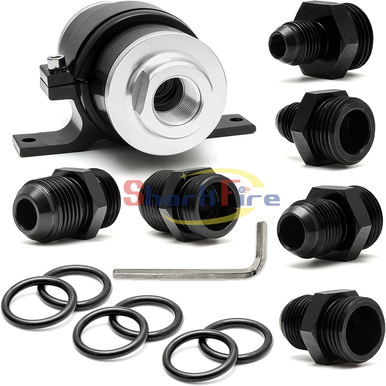 100-micron cleanable straight-through fuel filter holder for 6AN, 8AN, 10AN, and 50mm adapters.