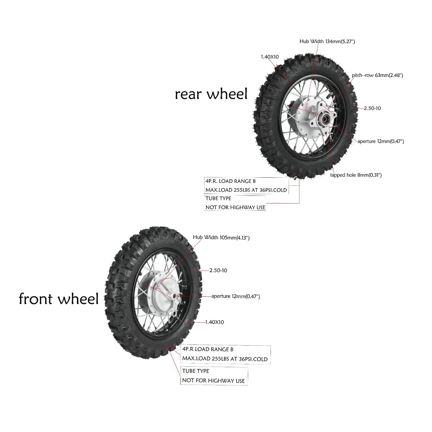 2.50 - 10 Front and rear wheel tire rim sprockets suitable for Honda CRF50 XR50 for Yamaha TTR50
