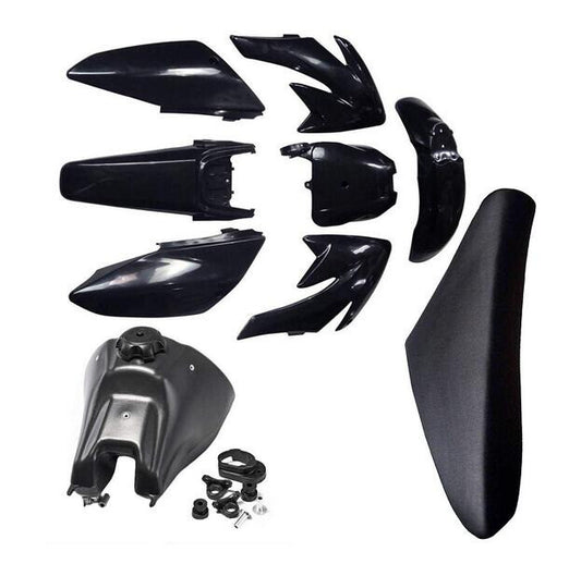 Plastic fairing kit, fuel tank, and for seat for CRF70 XR70 off-road bikes, 140cc and 150cc.