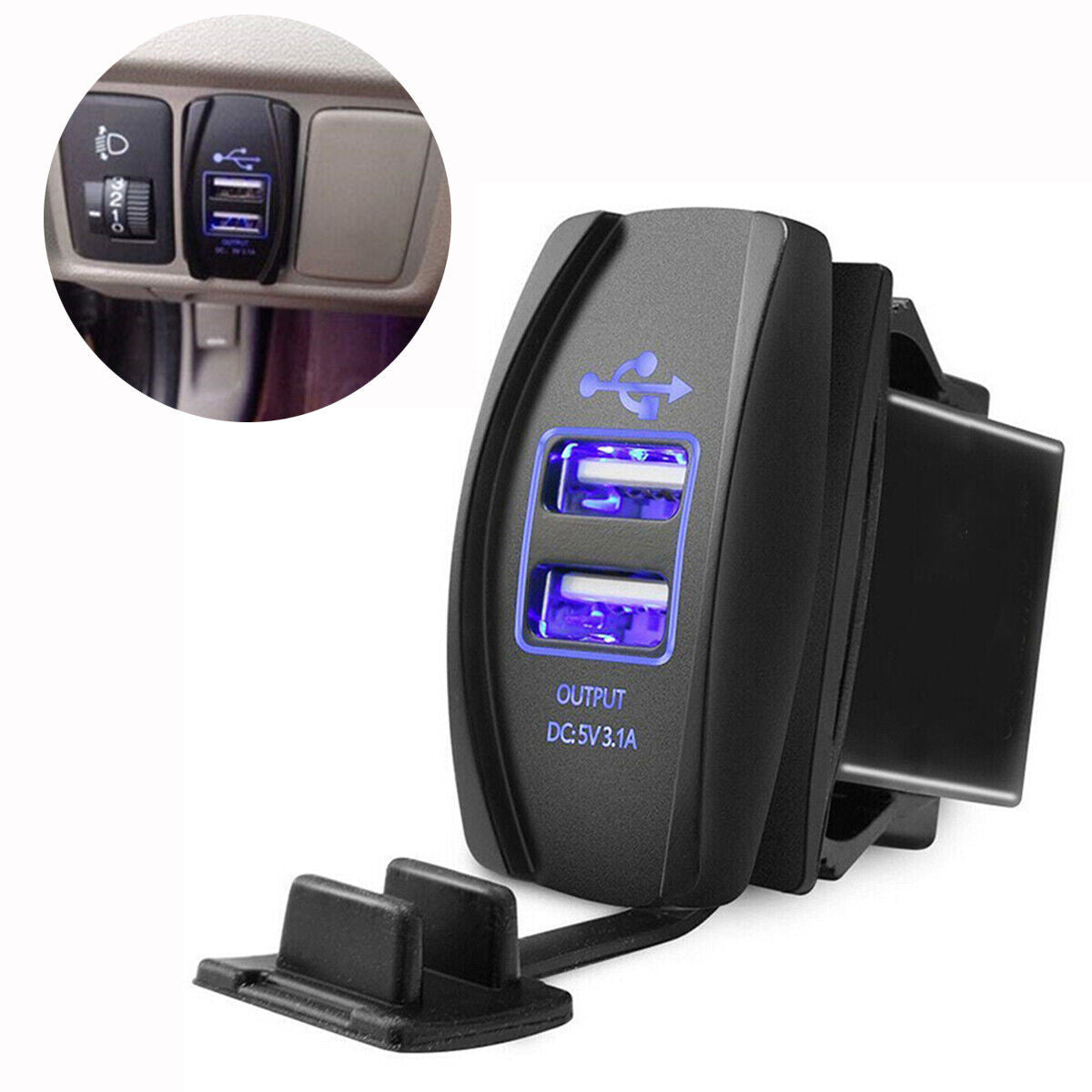 Car charger with 5V 3.1A dual USB ports, blue LED indicator, waterproof power supply.