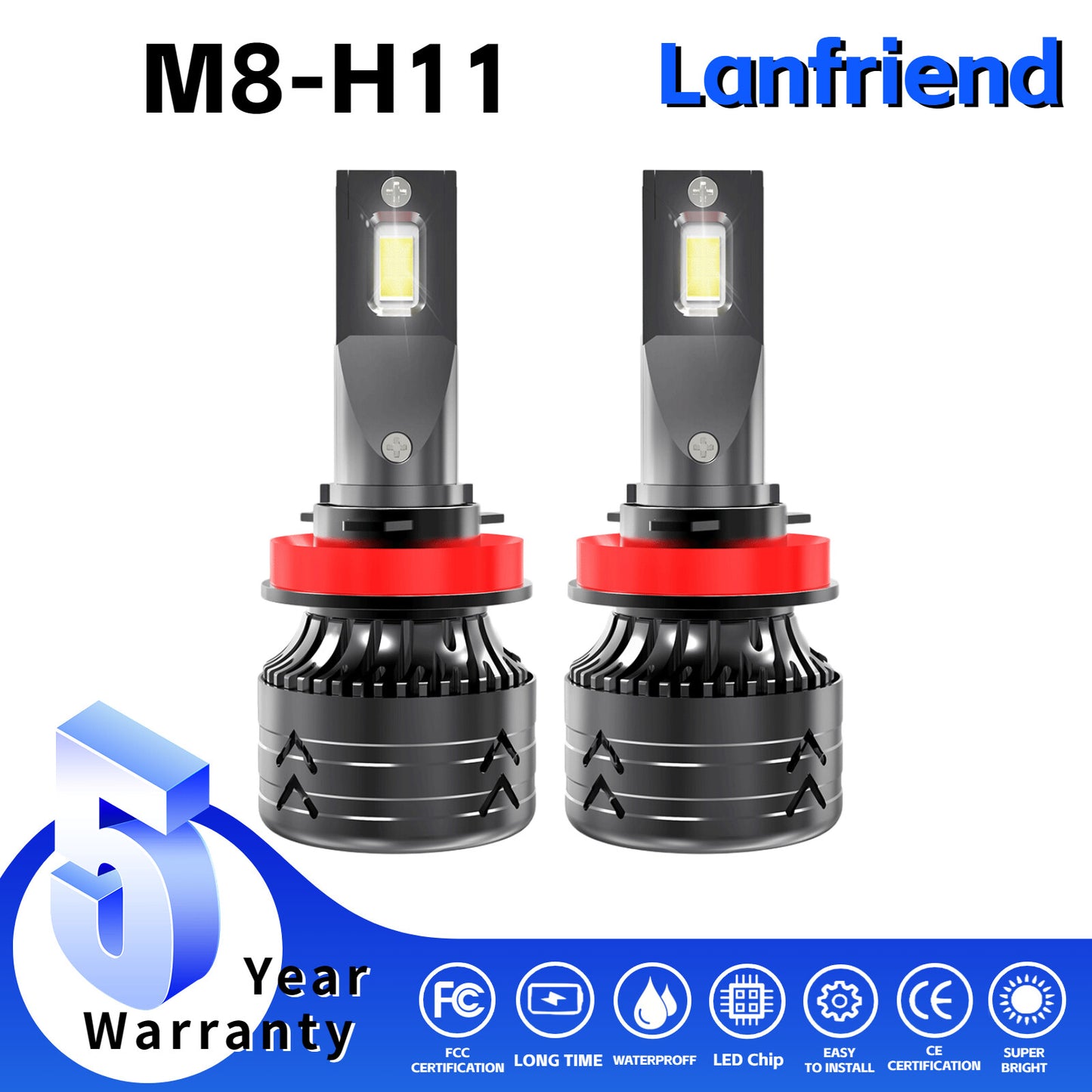 2x H11 Headlight Super Bright Bulbs Kit 6000K 8000LM Hight Power While 12 chips