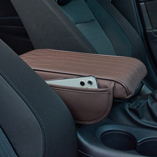 Car Armrest Cushion PU Auto Center Console Pad, Memory Foam Armrest Box Brown