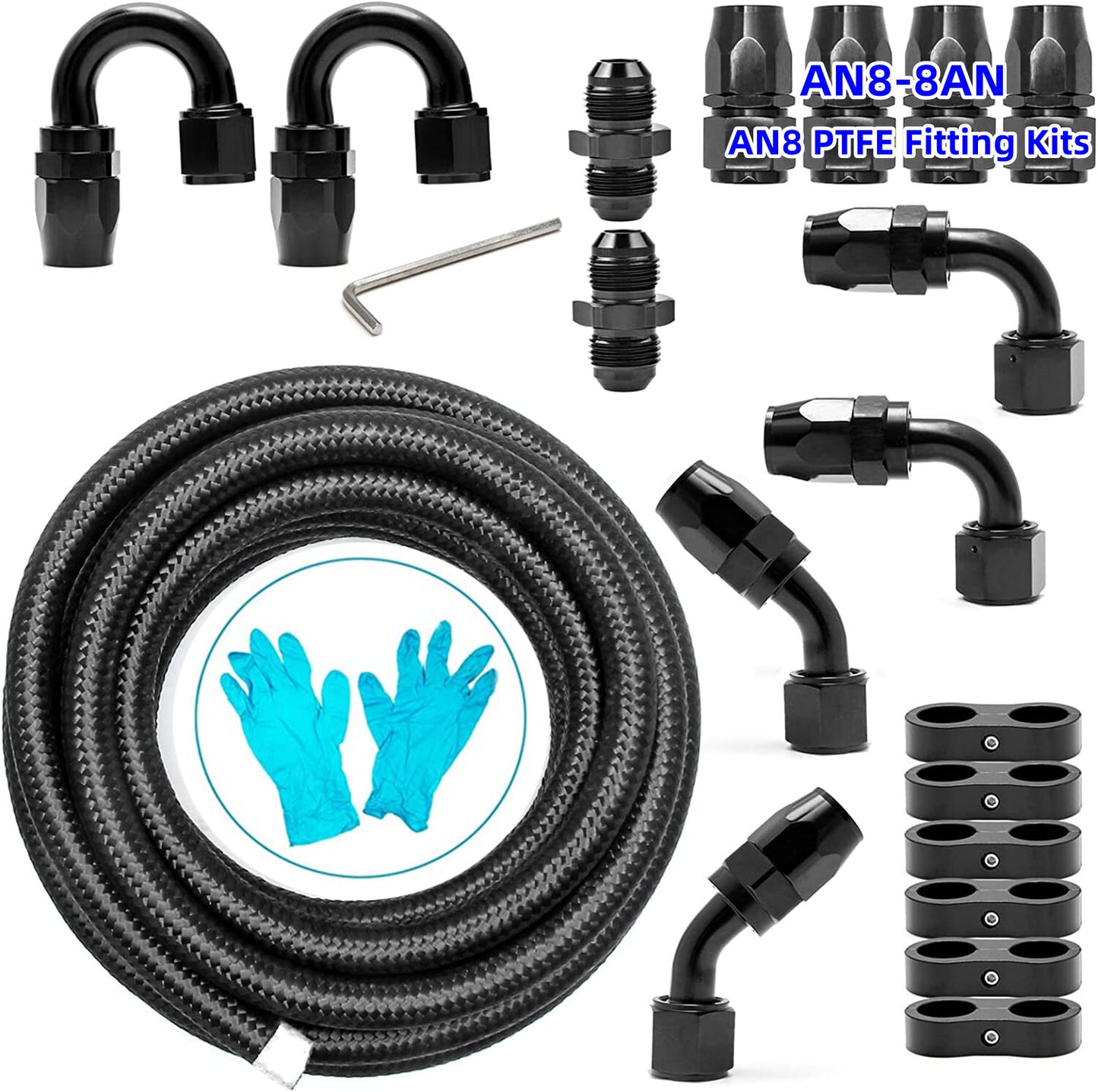 8AN AN8 Black 20ft Nylon Braided PTFE Fuel Line 10 Adapter Fitting Hose for E85